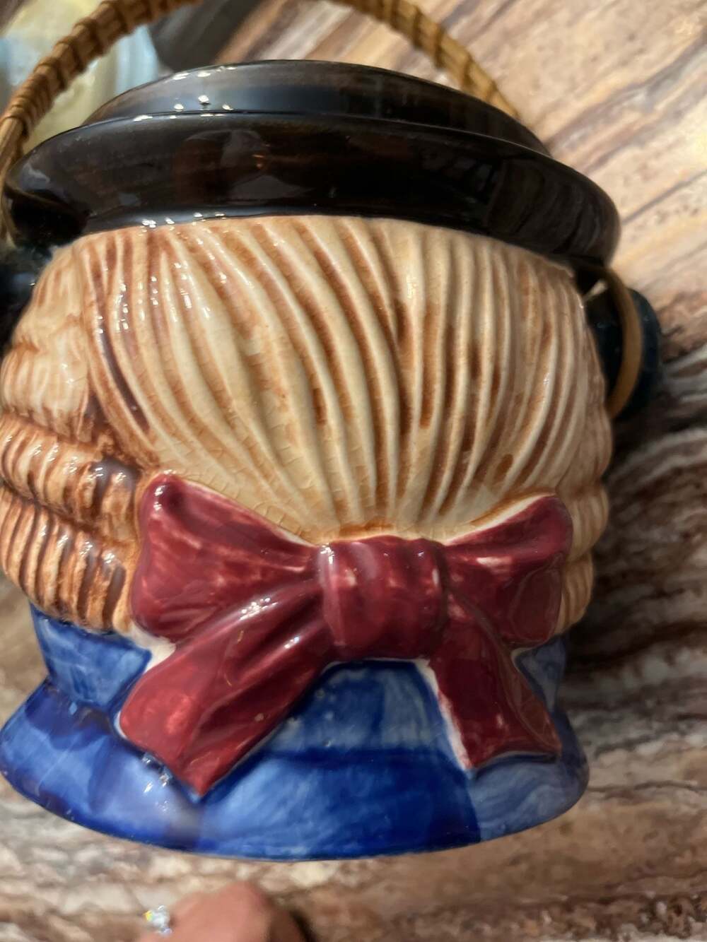 Vintage Wales China Japan Benjamin Franklin Ceramic Biscuit Jar Wicker Handle - Picture 2 of 6